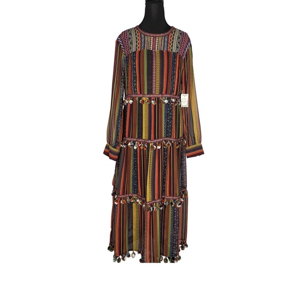 Chelsea & Theodore Boho Striped  Maxi Dress with Pom Poms Long Sleeve Bohemian - Picture 3 of 11